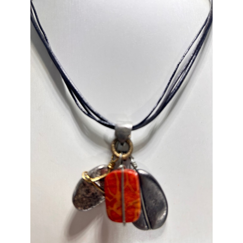 Chico's Pendant Necklace Women OS Red Silver Good Boho Multi Strand Leather Cord